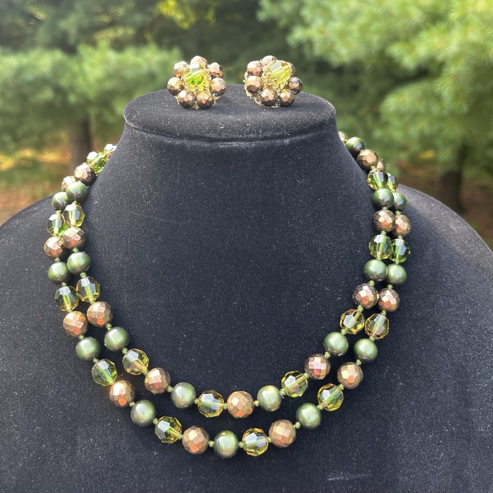 Vintage Hobé Signed Double Strand Green Crystal Faux Pearl Necklace Earrings Set